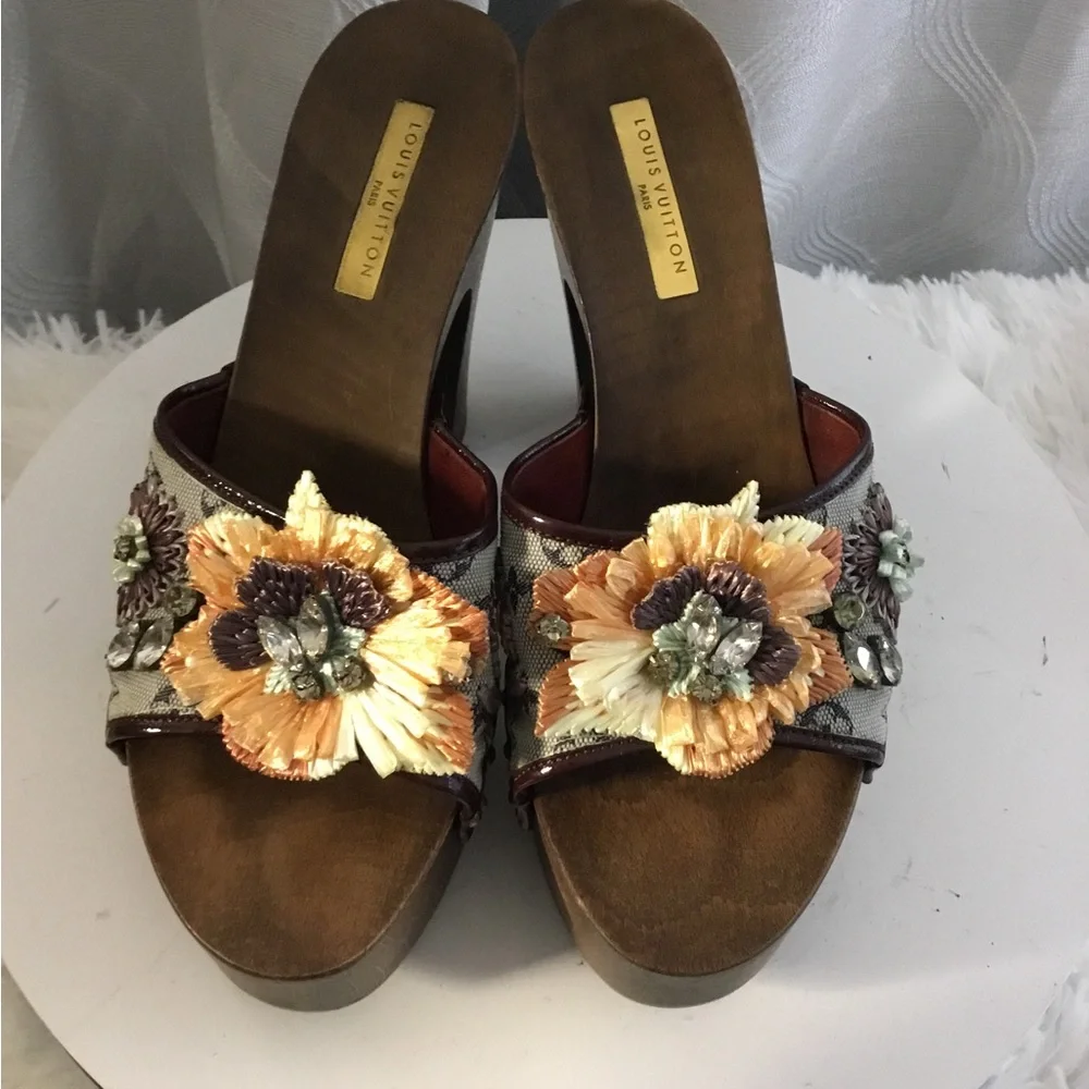 Louis Vuitton Monogram Brown and Cream Floral Platform Mules